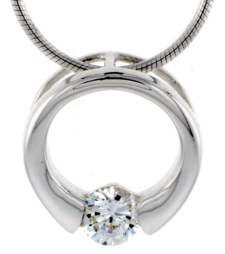 High Polished Sterling Silver 9/16&quot; (15 mm) Round Pendant Slide, w/ 5mm Brilliant Cut CZ Stone, w/ 18&quot; Thin Box Chain