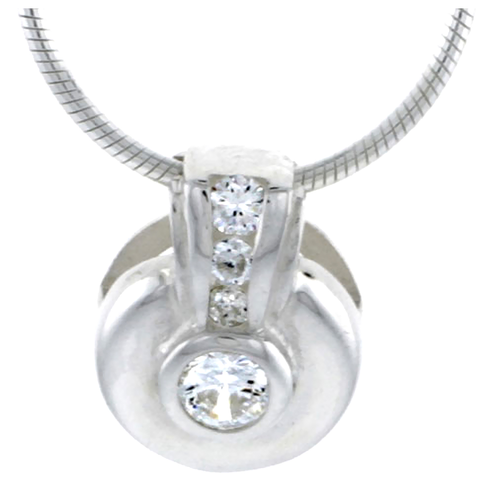 High Polished Sterling Silver 1/2&quot; (12 mm) Round Pendant Slide, w/ Graduated Journey Brilliant Cut CZ Stones, w/ 18&quot; Thin Box Ch