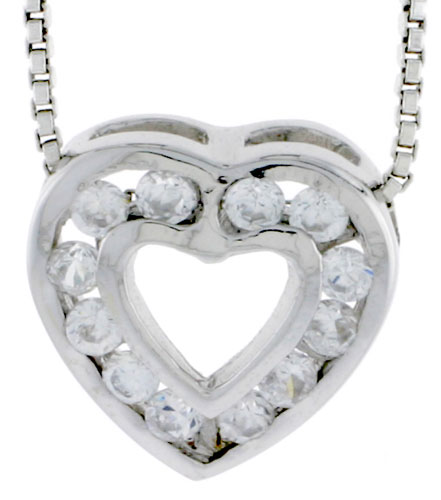 High Polished Sterling Silver 1/2&quot; (13 mm) tall Heart Pendant Slide, w/ Twelve 2mm Brilliant Cut CZ Stones, w/ 18&quot; Thin Box Chain