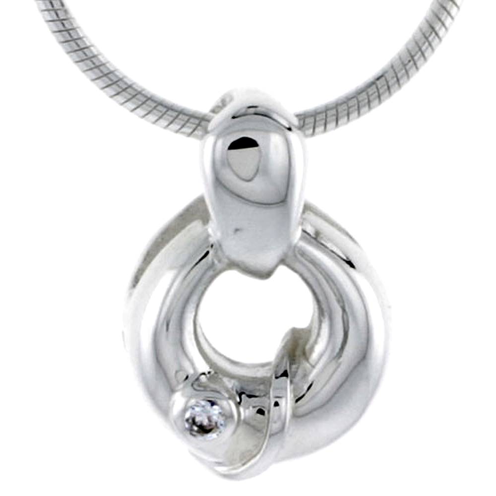 High Polished Sterling Silver 9/16&quot; (14 mm) Round Pendant, w/ Brilliant Cut CZ Stone, w/ 18&quot; Thin Box Chain