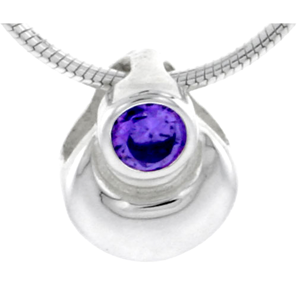 High Polished Sterling Silver 3/8&quot; (10 mm) tall Pear-shaped Pendant, w/ 3mm Amethyst-colored Brilliant Cut CZ Stone, w/ 18&quot; Thin