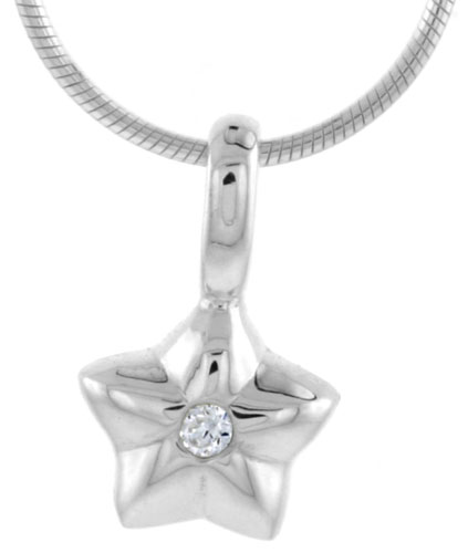 High Polished Sterling Silver 3/8&quot; (10 mm) tall Star Pendant, w/ 2mm Brilliant Cut CZ Stone, w/ 18&quot; Thin Box Chain