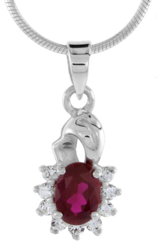 High Polished Sterling Silver 11/16&quot; (17 mm) tall Cluster Pendant, w/ 7x5mm Oval Cut Garnet-colored &amp; nine 2mm Brilliant Cut CZ Stones, w/ 18&quot; Thin Box Chain