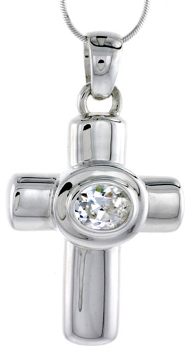 High Polished Sterling Silver 1 3/4&quot; (45 mm) tall Latin Cross Pendant, w/ 10x8mm Oval Cut CZ Stone, w/ 18&quot; Thin Box Chain