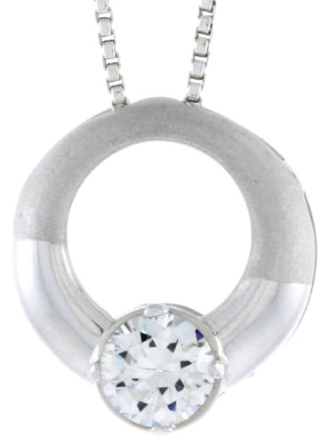 High Polished Sterling Silver 11/16&quot; (17 mm) Round Pendant Slide, w/ 6mm Brilliant Cut CZ Stone, w/ 18&quot; Thin Box Chain