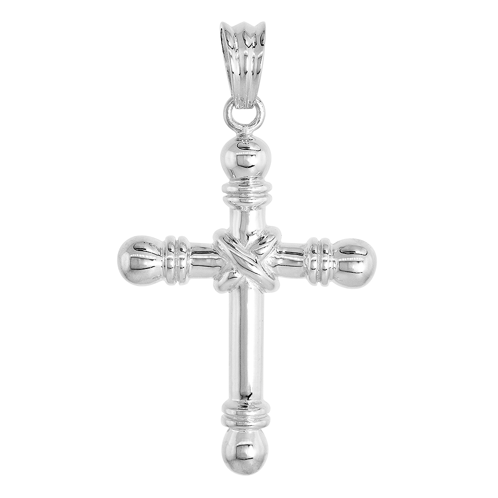 High Polished Sterling Silver 1 1/2&quot; (38 mm) tall Fancy Crucifix Pendant, w/ 18&quot; Thin Box Chain