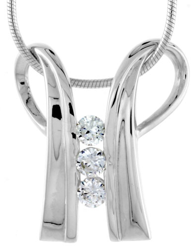 High Polished Sterling Silver 7/8&quot; (23 mm) tall Double Loop Pendant, w/ 3mm Brilliant Cut CZ Stones, w/ 18&quot; Thin Box Chain