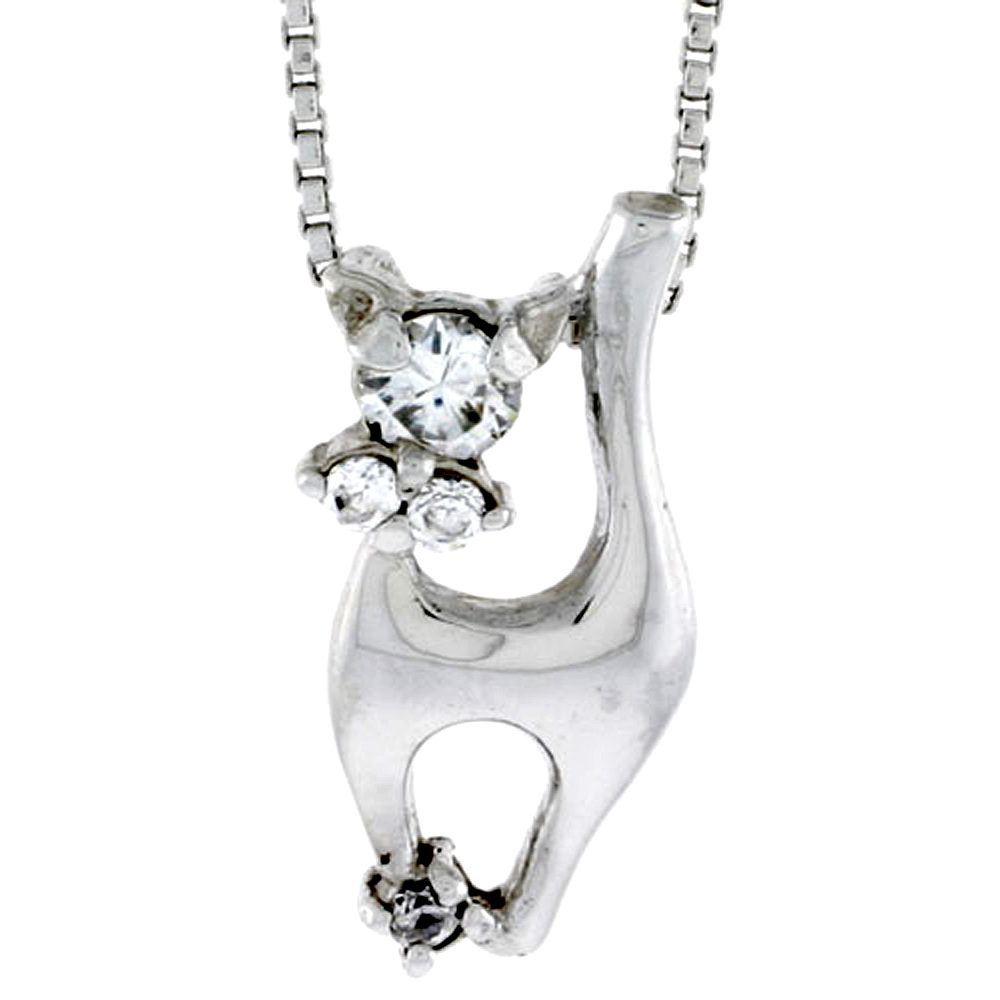 High Polished Sterling Silver 13/16&quot; (20 mm) tall Cat Pendant, w/ one 4mm &amp; two 2mm Brilliant Cut CZ Stones, w/ 18&quot; Thin Box Cha