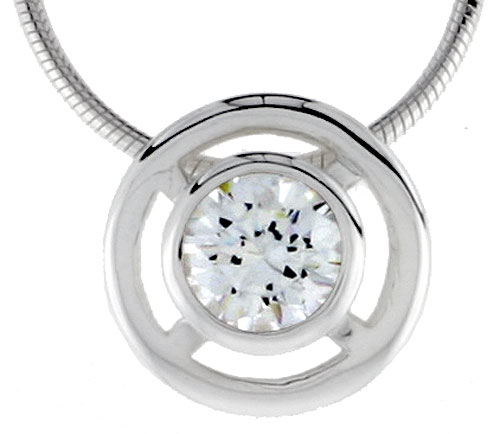 High Polished Sterling Silver 1/2&quot; (13 mm) Round Pendant Enhancer, w/ 8mm Brilliant Cut CZ Stone, w/ 18&quot; Thin Box Chain