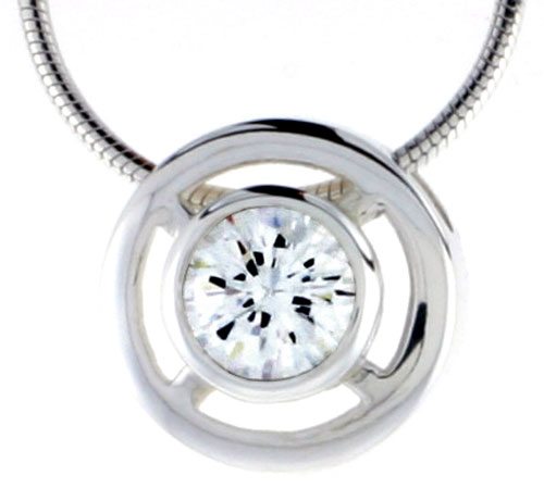 High Polished Sterling Silver 1/2&quot; (13 mm) Round Pendant Enhancer, w/ 7mm Brilliant Cut CZ Stone, w/ 18&quot; Thin Box Chain