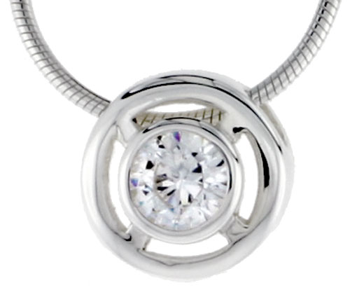 High Polished Sterling Silver 7/16&quot; (11 mm) Round Pendant Enhancer, w/ 6mm Brilliant Cut CZ Stone, w/ 18&quot; Thin Box Chain