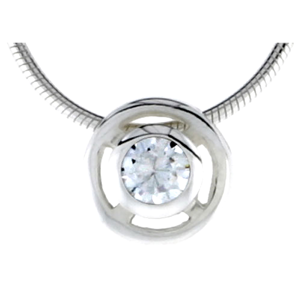 High Polished Sterling Silver 5/16&quot; (8 mm) Round Pendant Enhancer, w/ 5mm Brilliant Cut CZ Stone, w/ 18&quot; Thin Box Chain