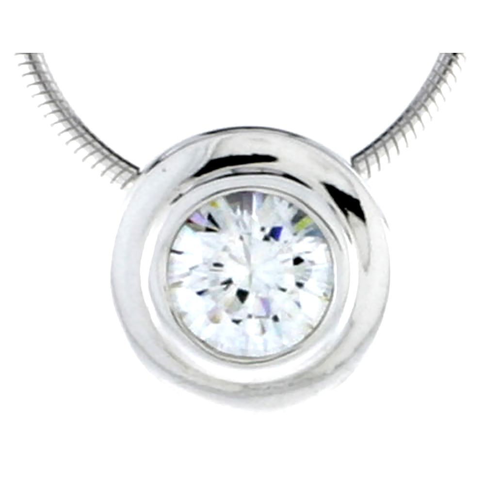 High Polished Sterling Silver 7/16&quot; (11 mm) Round Pendant Enhancer, w/ 6.5mm Brilliant Cut CZ Stone, w/ 18&quot; Thin Box Chain