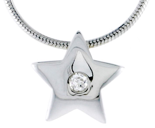 High Polished Sterling Silver 7/16&quot; (11 mm) Star Pendant Enhancer, w/ 2mm Brilliant Cut CZ Stone, w/ 18&quot; Thin Box Chain