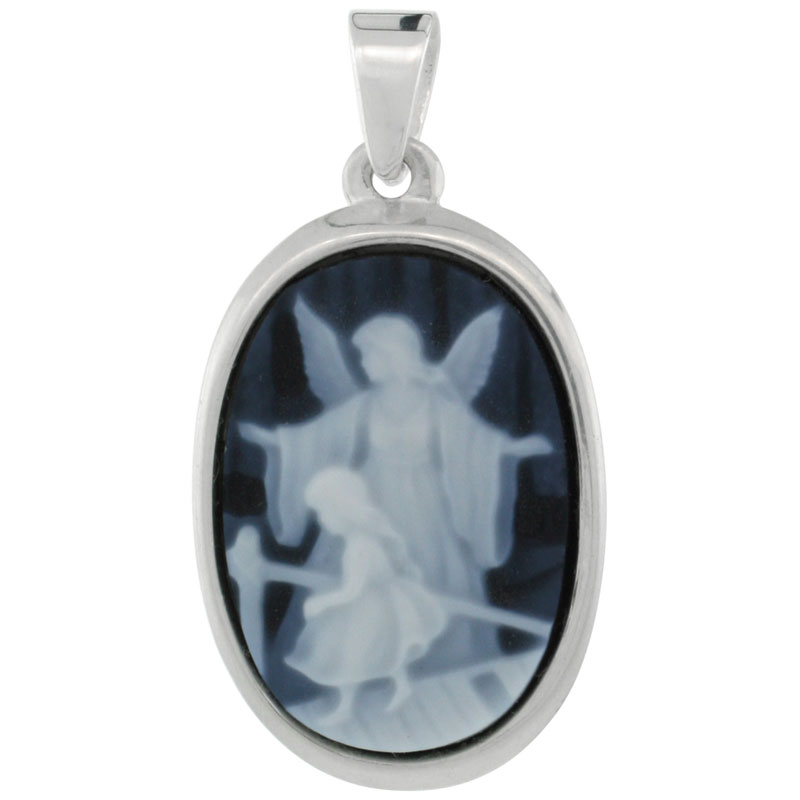 Sterling Silver Natural Blue Agate Cameo Guardian Angel w/ Little Girl Pendant 18x13mm