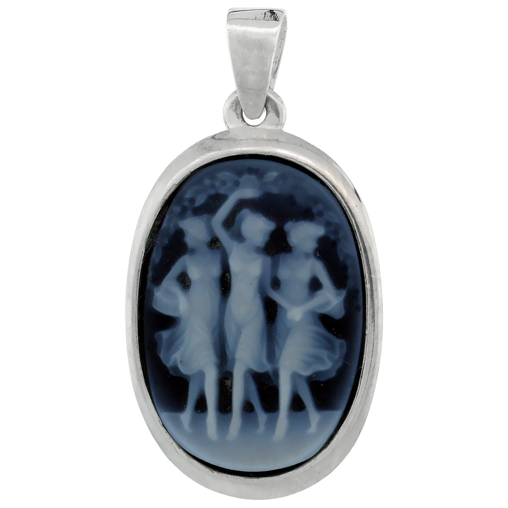 Sterling Silver Natural Blue Agate Cameo Triple Fairy Pendant 18x13mm