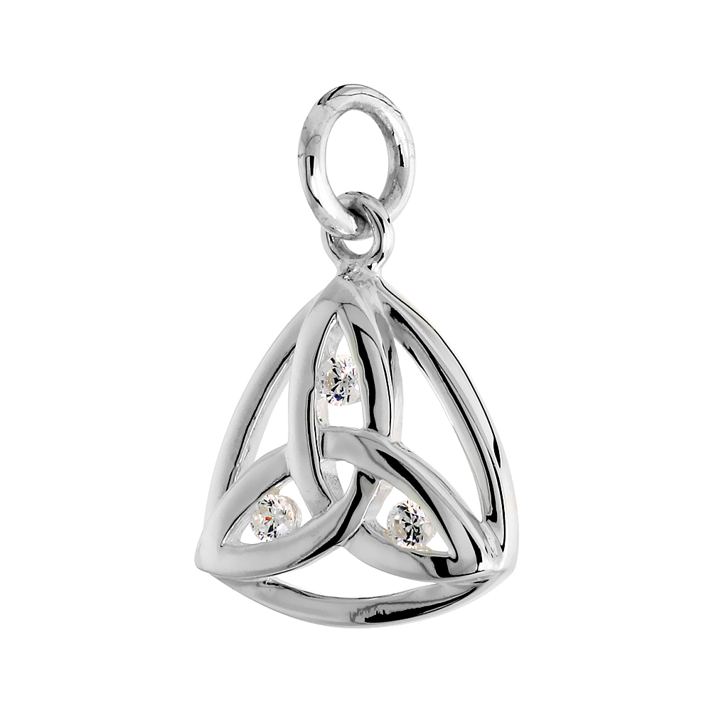 High Polished Trinity Pendant in Sterling Silver w/ 3 Brilliant Cut CZ Stones, 5/8" (15 mm) tall