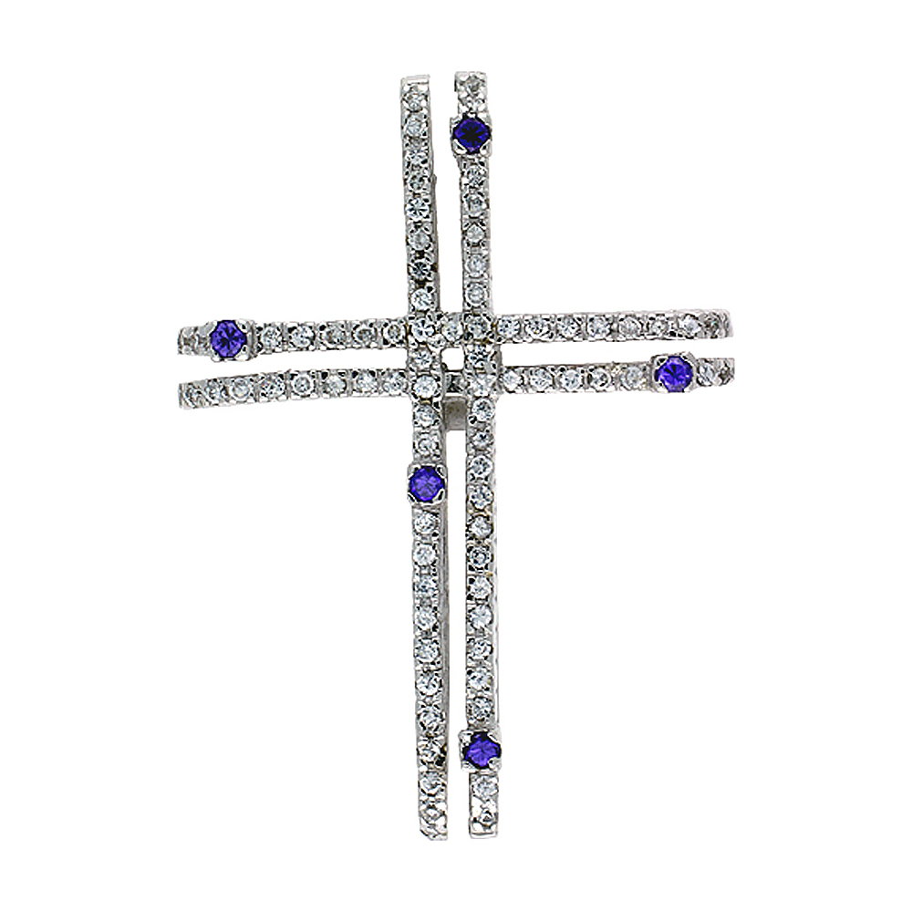 Sterling Silver Gammadia Cross Pendant, w/ Brilliant Cut Clear & Amethyst-colored CZ Stones, 2" (51 mm) tall, w/ 18" Thin Snake 
