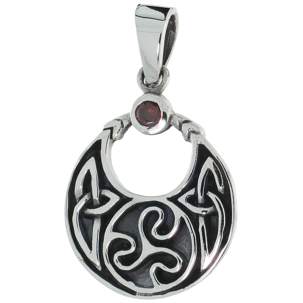 Sterling Silver Celtic Moon Necklace Red CZ Spiral Triskele, 1 inch tall