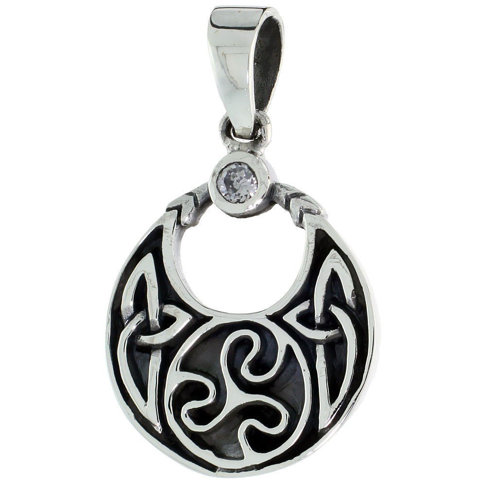 Sterling Silver Celtic Moon Necklace white CZ Spiral Triskele, 1 inch tall