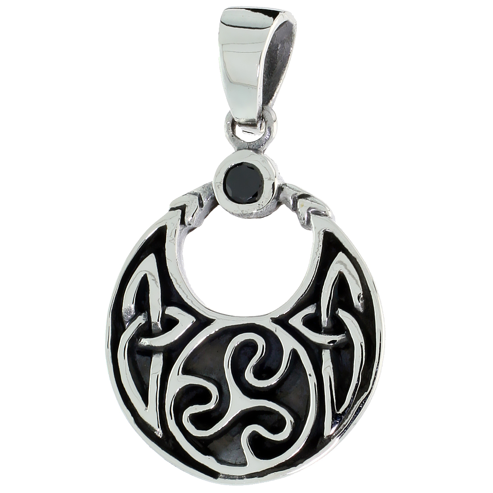 Sterling Silver Celtic Moon Necklace Black CZ Spiral Triskele, 1 inch tall