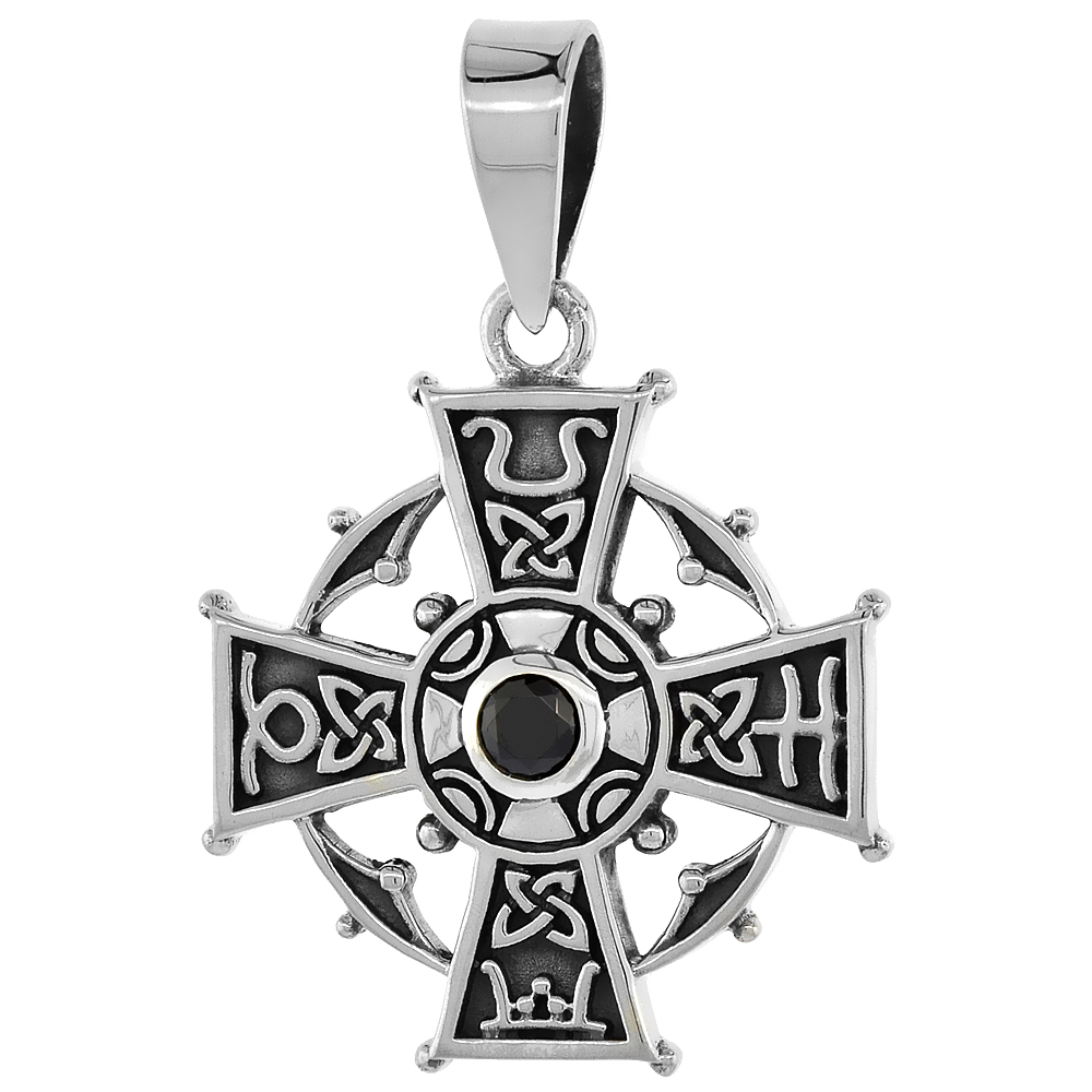 Sterling Silver Celtic Cross Necklace Black CZ with Symbols, 7/8 inch tall