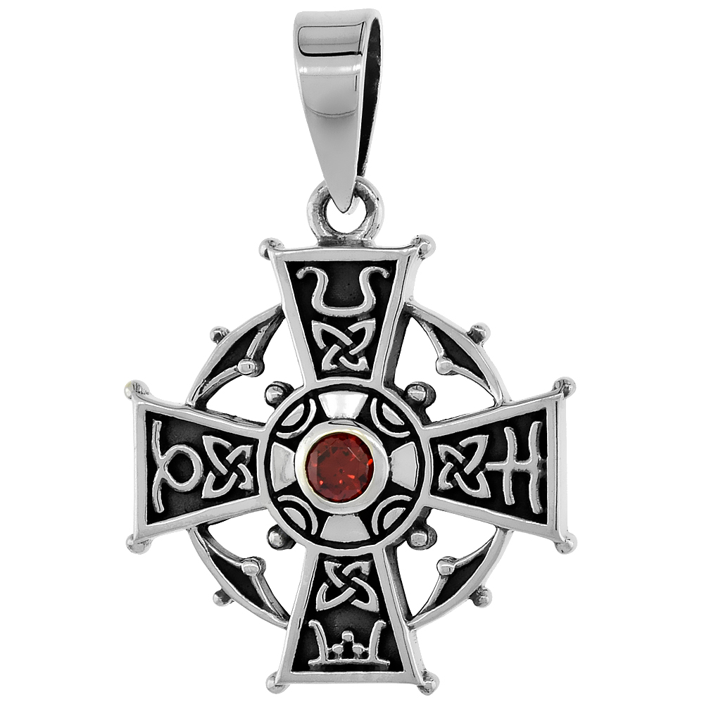 Sterling Silver Celtic Cross Necklace Red CZ with Symbols, 7/8 inch tall