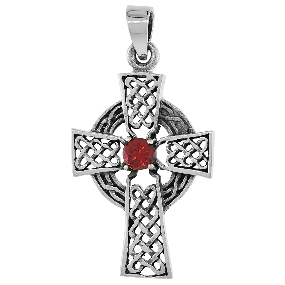 Sterling Silver Celtic Cross Necklace Red CZ, 1 1/2 inch tall