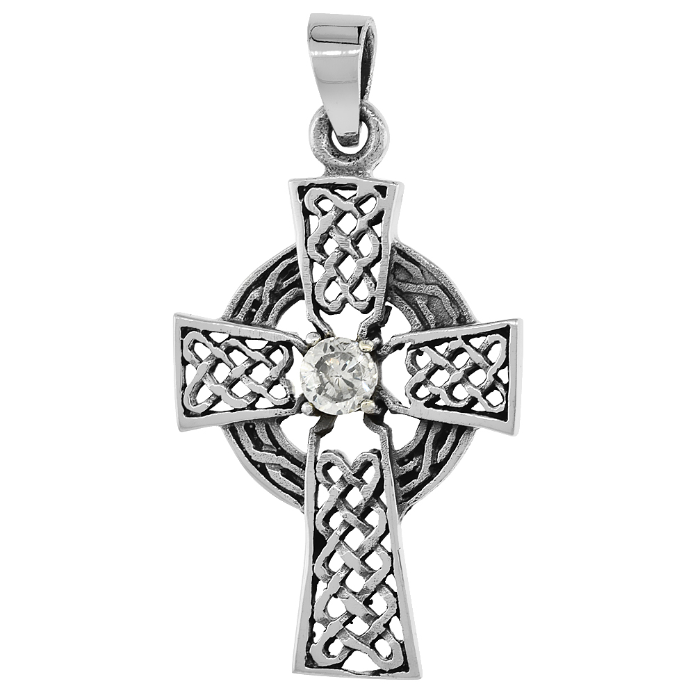 Sterling Silver Celtic Cross Necklace Clear CZ, 1 1/2 inch tall