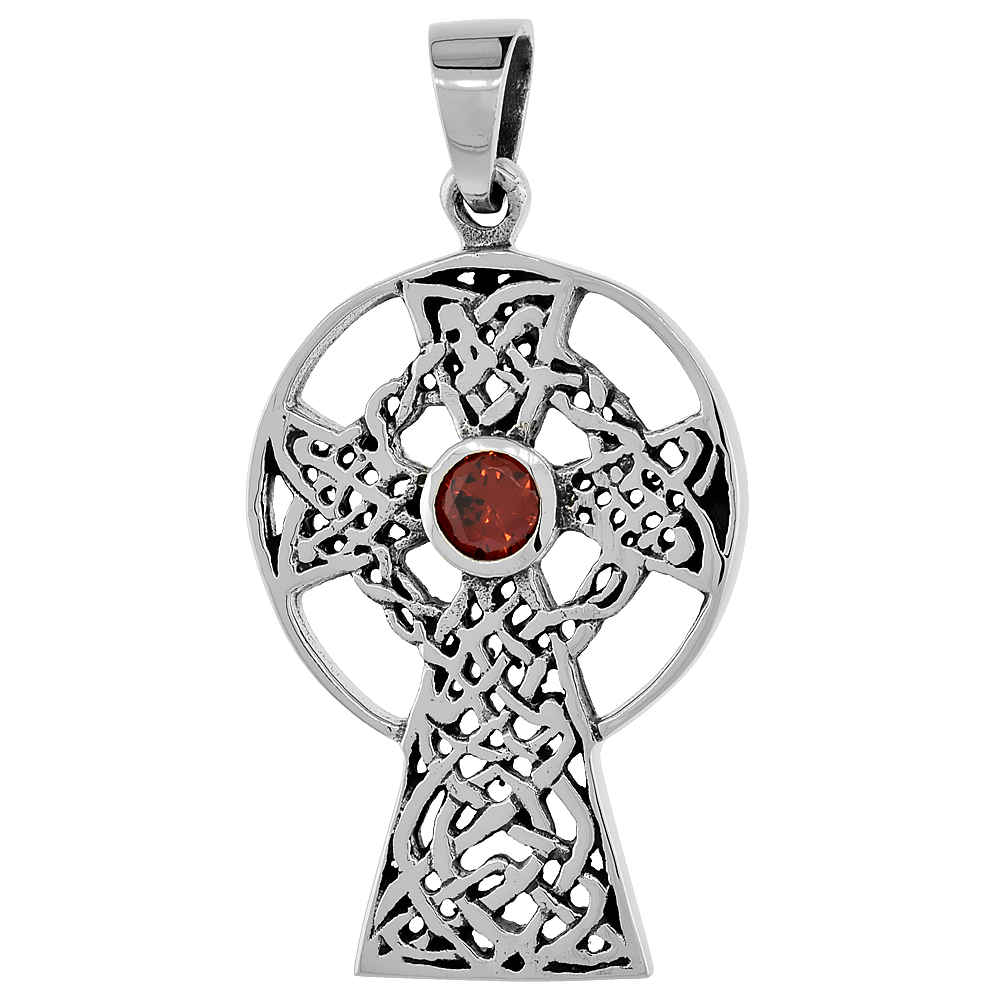 Sterling Silver Celtic Cross Necklace Red CZ, 1 1/4 inch tall