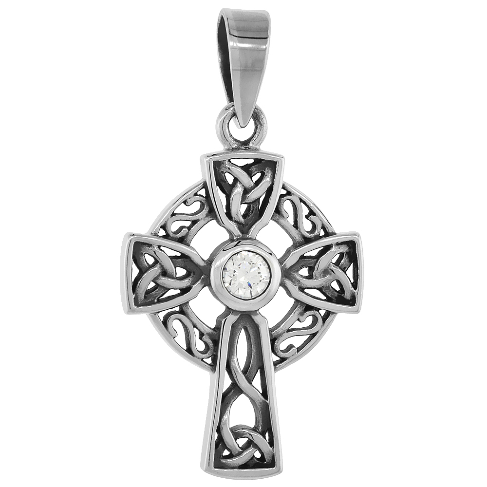 Sterling Silver Trinity Celtic Cross Necklace Clear CZ, 1 1/8 inch tall