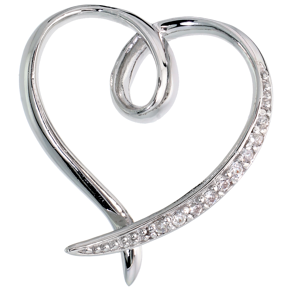 Sterling Silver Floating Heart Pendant w/ Pave CZ Stones, 15/16&quot; (23 mm) tall