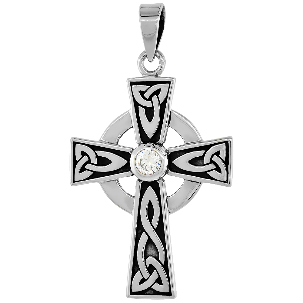Sterling Silver Celtic Cross Necklace Trinity Motifs Clear CZ, 1 1/2 inch tall