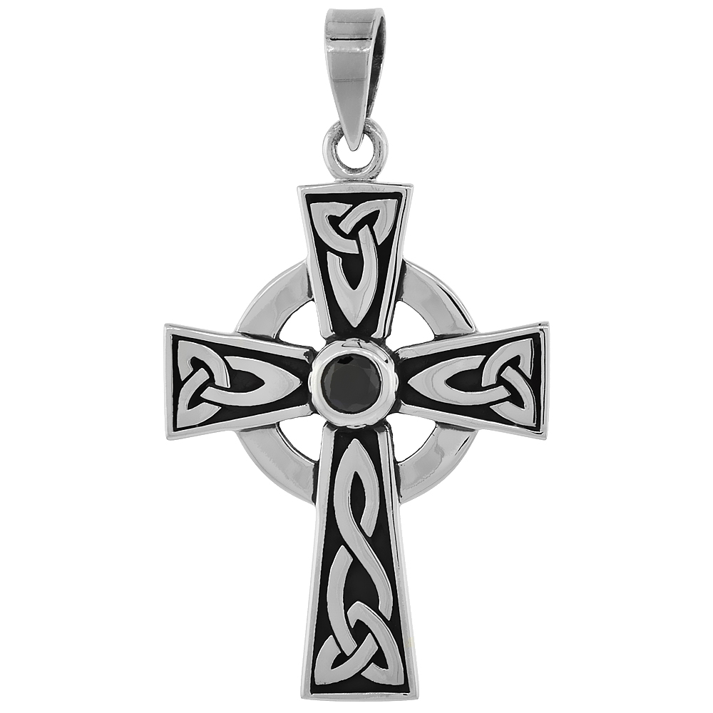 Sterling Silver Celtic Cross Necklace Trinity Motifs Black CZ, 1 1/2 inch tall