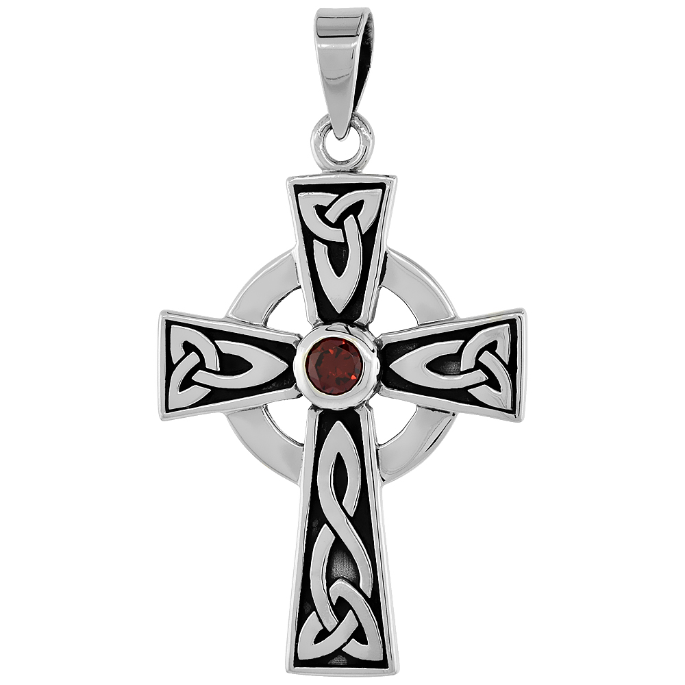 Sterling Silver Celtic Cross Necklace Trinity Motifs Red CZ, 1 1/2 inch tall