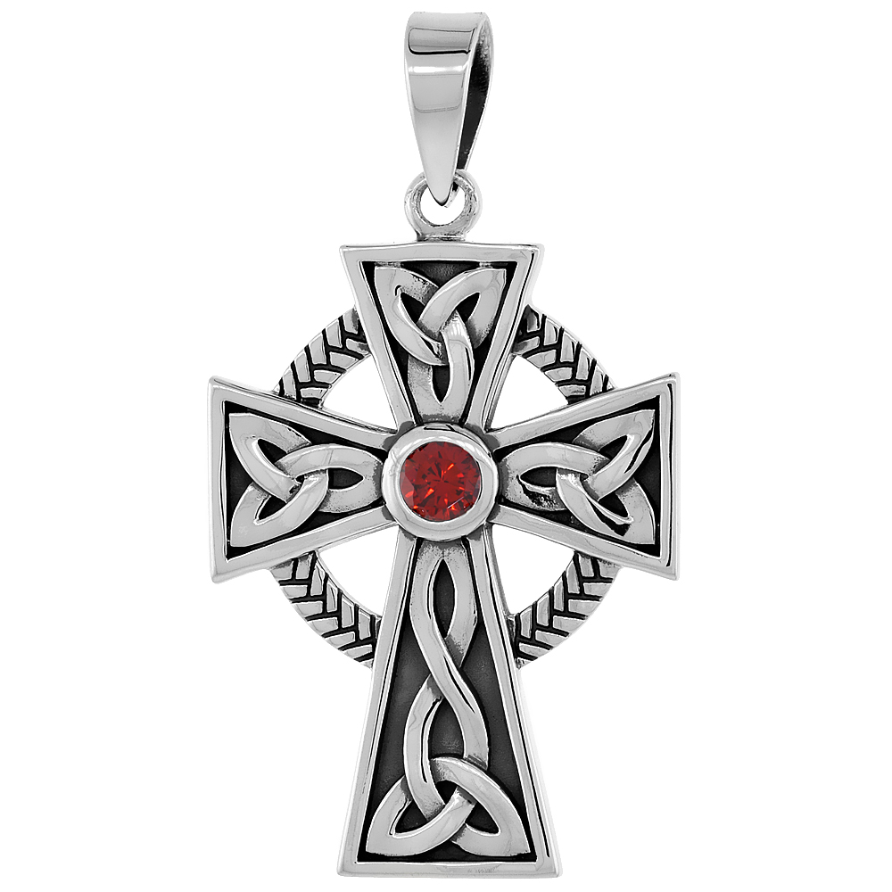 Sterling Silver Trinity Celtic Cross Necklace with Triquetras Red CZ, 1 1/4 inch tall