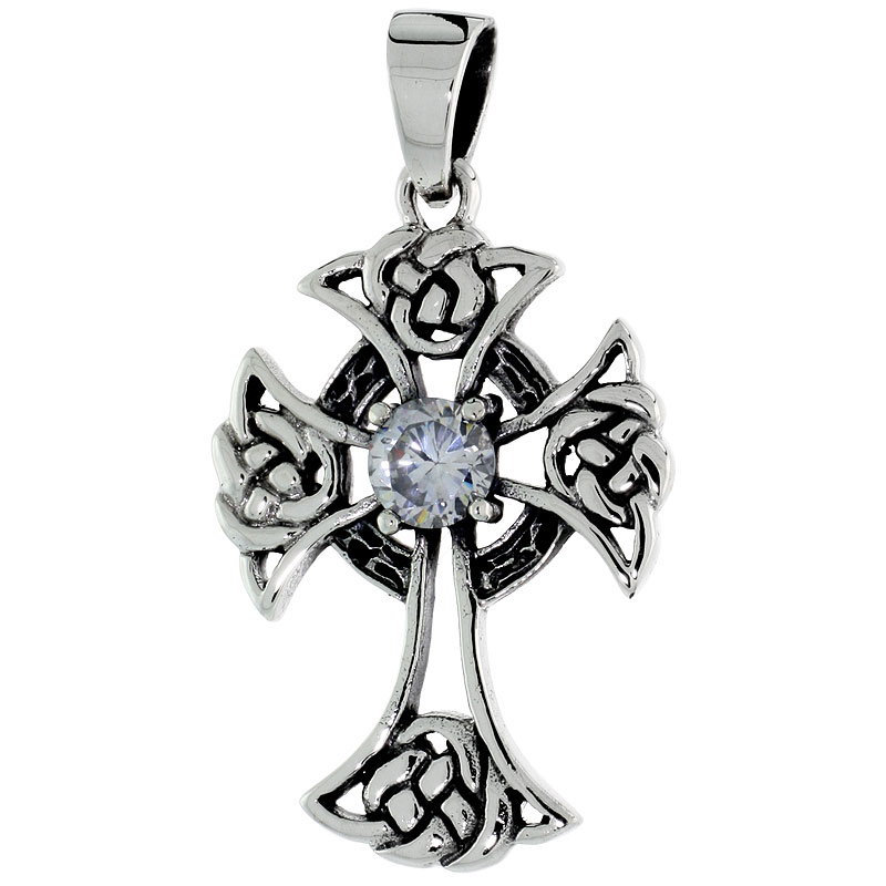 Sterling Silver Celtic Cross Necklace Clear CZ, 1 3/16 inch tall