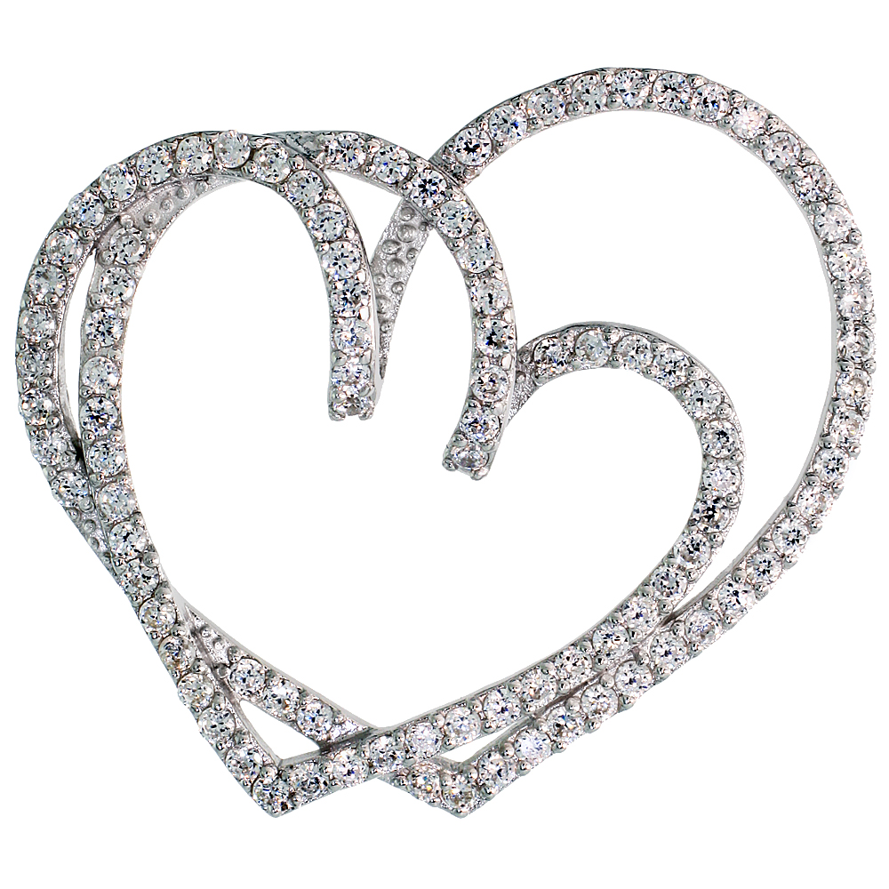 Sterling Silver Double Heart Slider Pendant w/ Pave CZ Stones, 1 3/8" (35 mm) tall