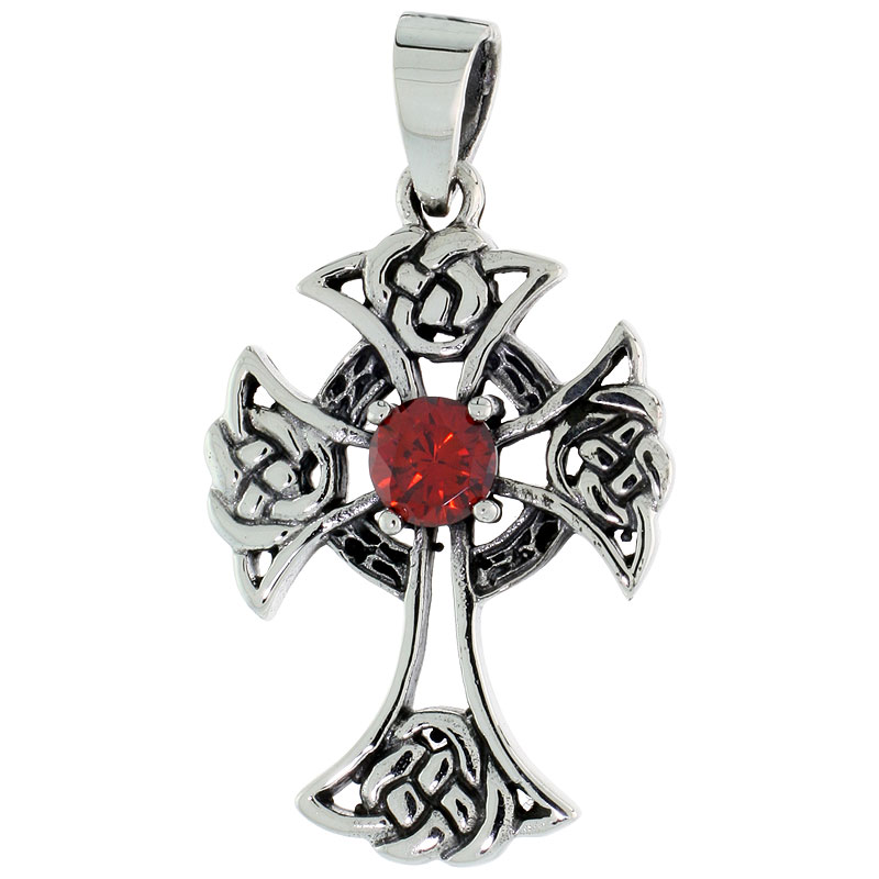 Sterling Silver Celtic Cross Necklace Red CZ, 1 3/16 inch tall