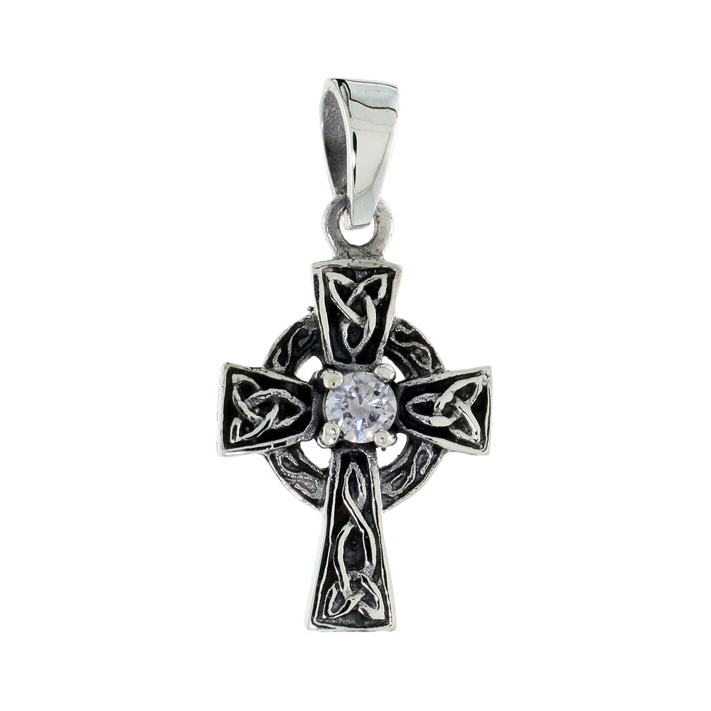 Sterling Silver Small Celtic Cross Necklace with Triquetras Clear CZ, 1 inch tall