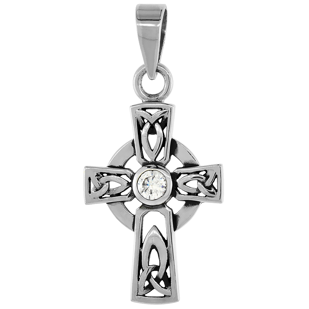 Sterling Silver Small Celtic Cross Necklace with Triquetras Clear CZ, 1 1/8 inch tall