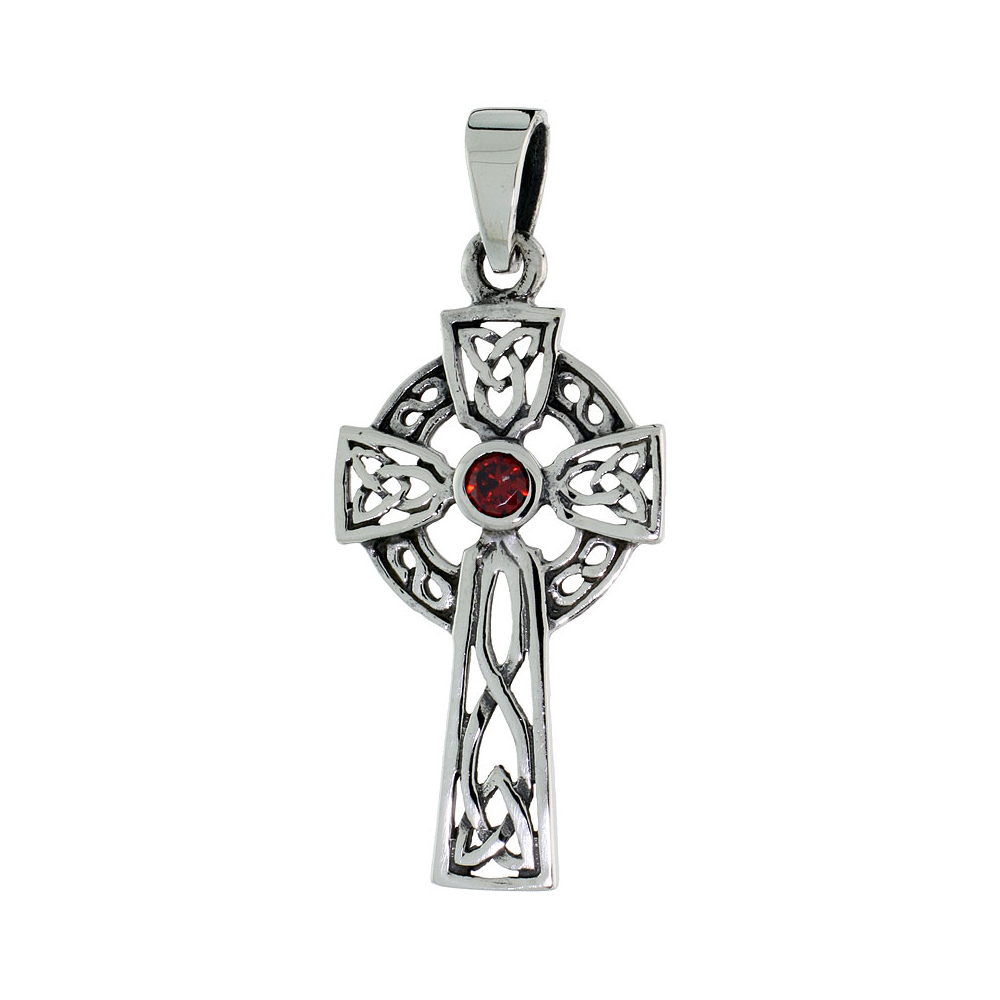 Sterling Silver Celtic Cross Necklace with Triquetras Red CZ, 1 3/8 inch tall