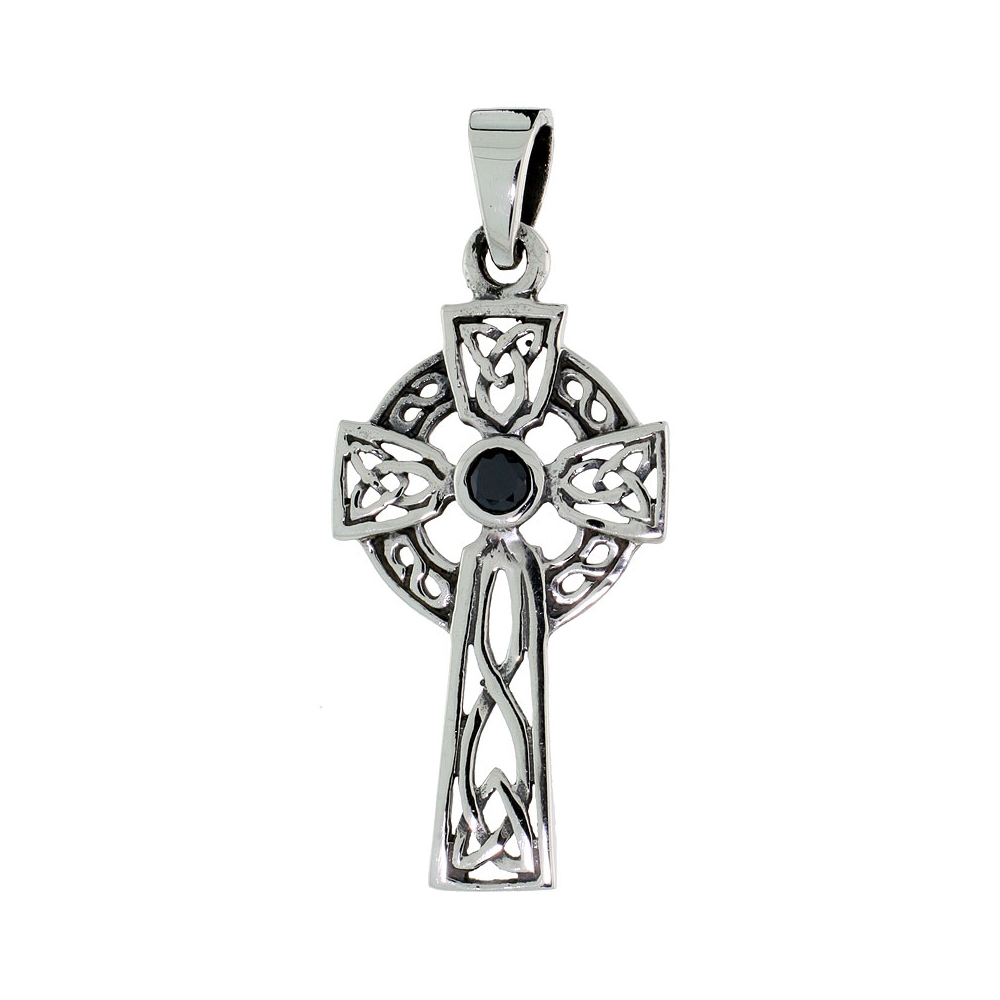 Sterling Silver Celtic Cross Necklace with Triquetras Black CZ, 1 3/8 inch tall