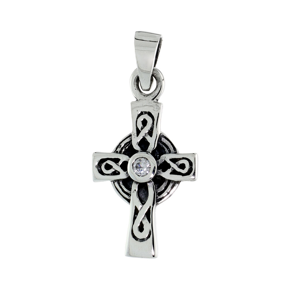 Sterling Silver Celtic Cross Necklace Infinity Symbols Clear CZ, 1 1/8 inch tall