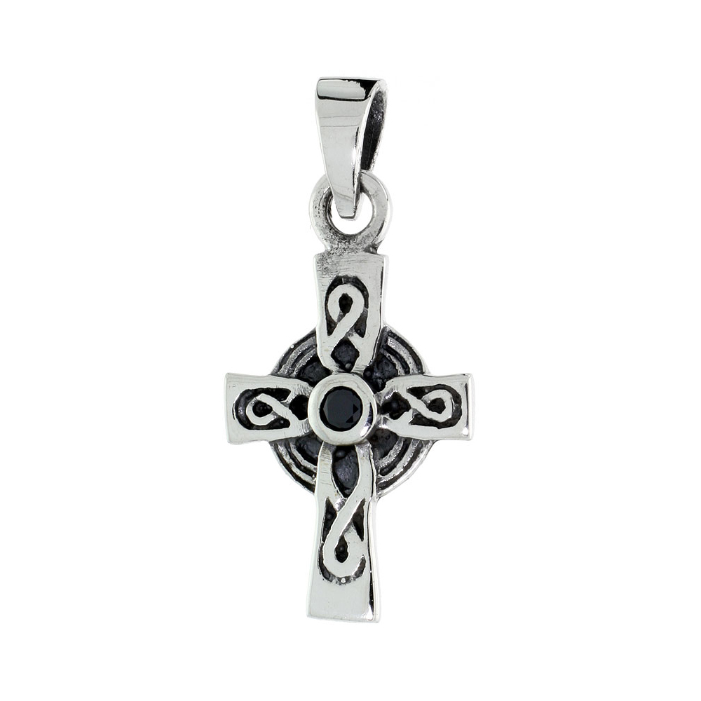 Sterling Silver Celtic Cross Necklace Infinity Symbols Black CZ, 1 1/8 inch tall