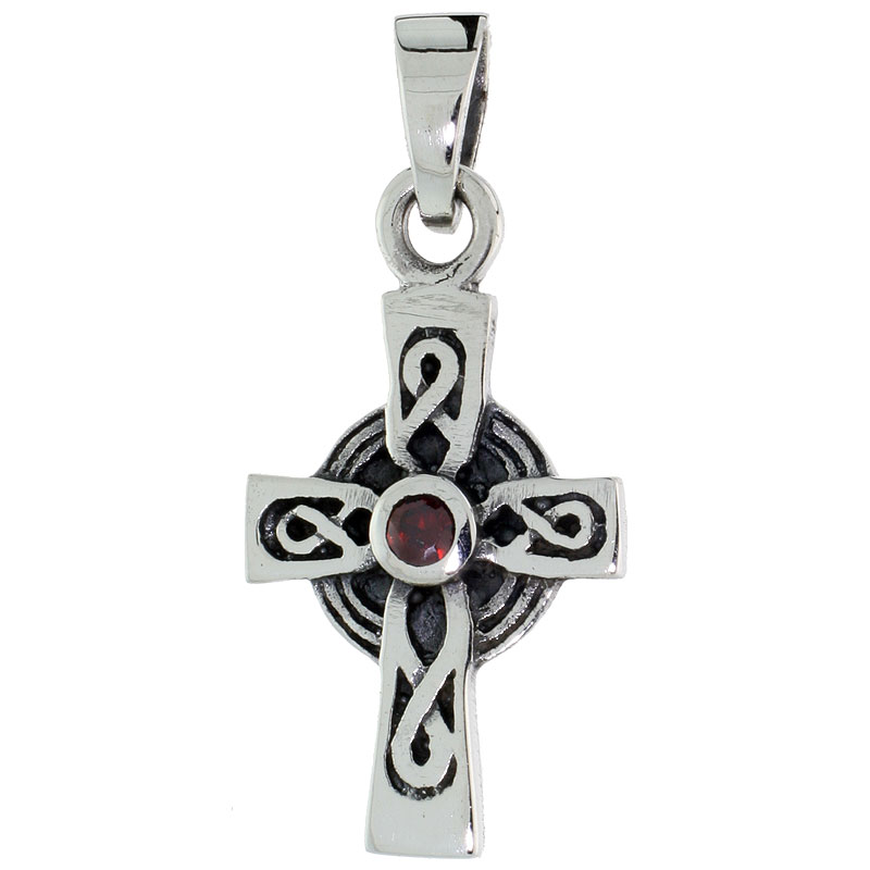 Sterling Silver Celtic Cross Necklace Infinity Symbols Red CZ, 1 1/8 inch tall