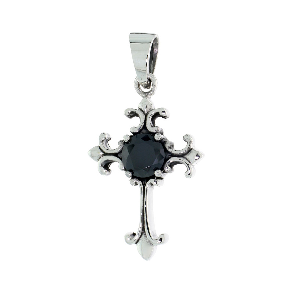 Sterling Silver Nativity Cross Necklace w/ Large Black CZ, 1 1/16 inch tall