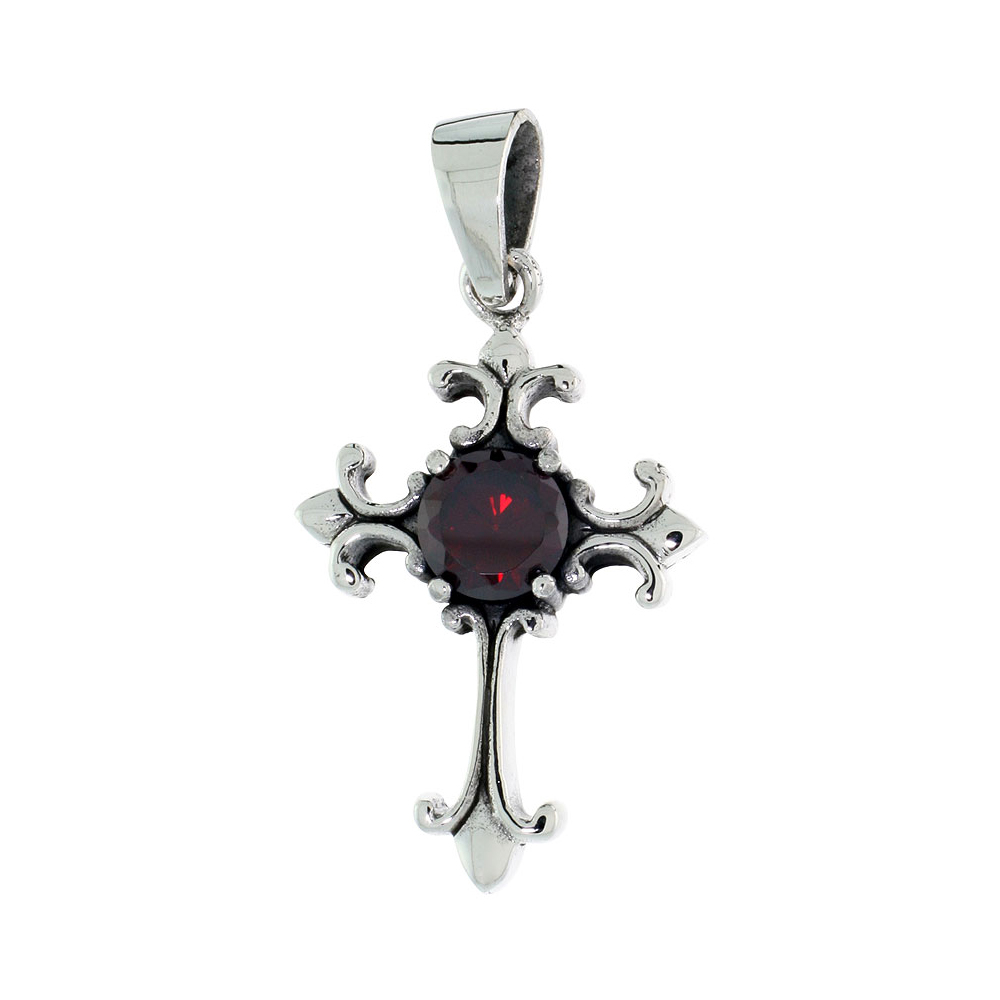 Sterling Silver Nativity Cross Necklace w/ Large Red CZ, 1 1/16 inch tall