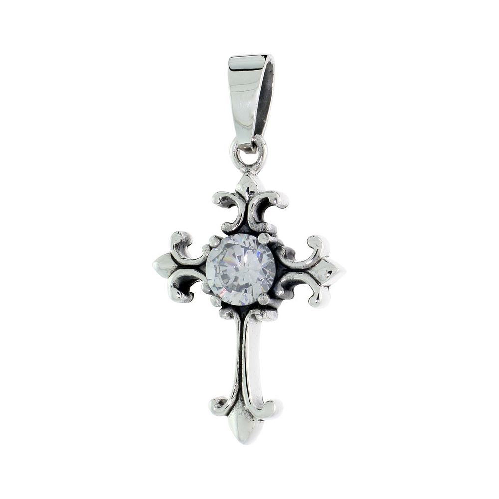 Sterling Silver Nativity Cross Necklace w/ Large Clear CZ, 1 1/16 inch tall