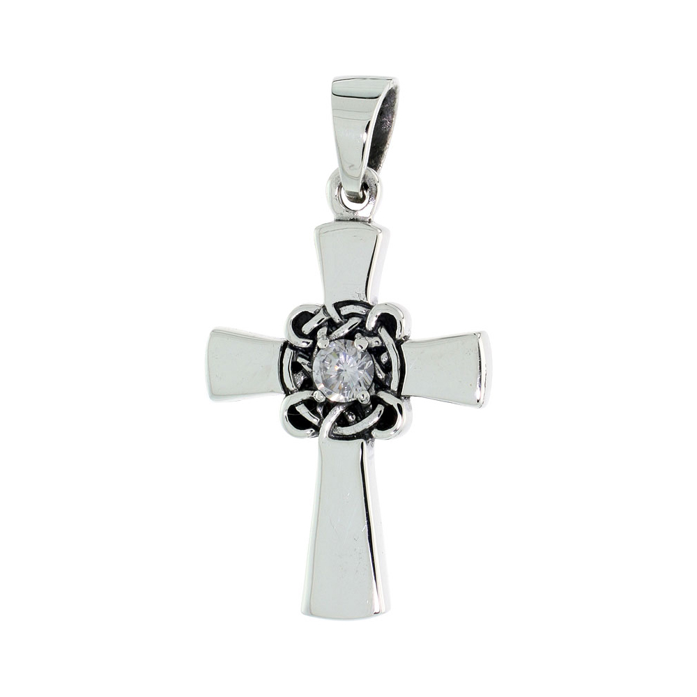 Sterling Silver Celtic Cross Necklace Plain Clear CZ, 1 1/8 inch tall